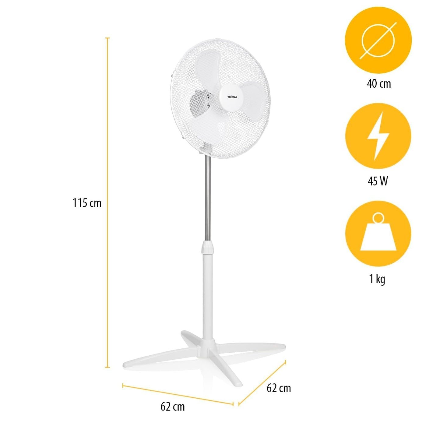 Tristar Ventilatore a piantana - 40 cm - Altezza regolabile 85 - 115 cm - Bianco (VE-5755)