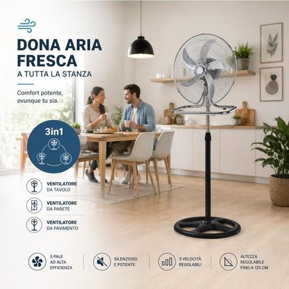 DCG Ventilatore 3 in 1 a Piantana, Parete e Tavolo, 60W, Diametro 49 cm, Altezza Massima 130 cm, 3 Velocità