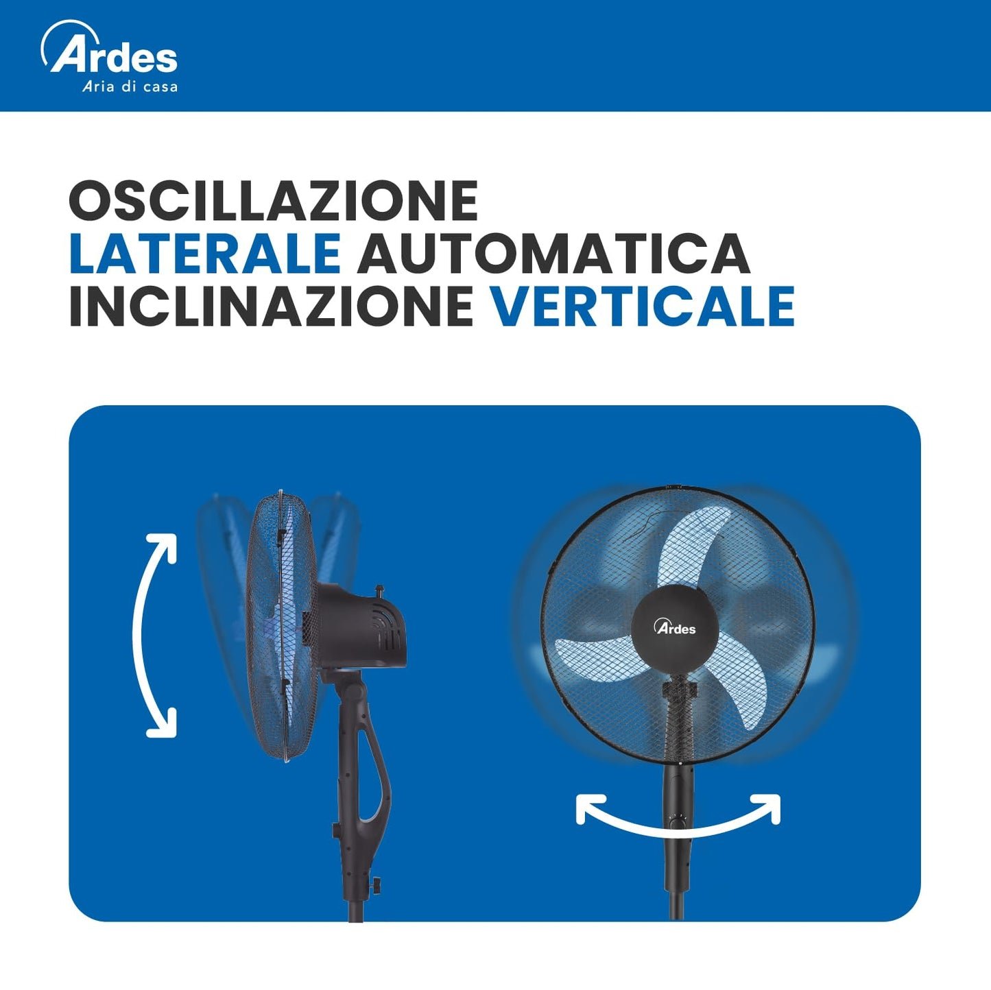 Ardes EASY 41PB PLUS Ventilatore da Pavimento 50W 40 cm con Oscillazione Automatica, Altezza Regolabile fino a 130 cm, Inclinazione Regolabile, 3 Velocità Silenziose e 3 Pale