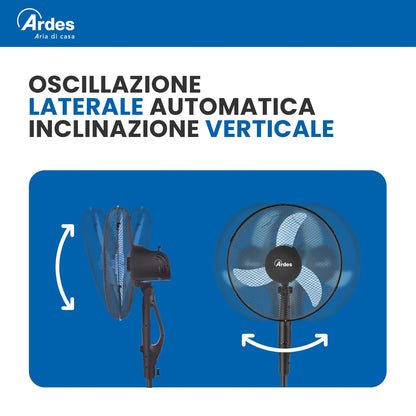 Ardes EASY 41PB PLUS Ventilatore da Pavimento 50W 40 cm con Oscillazione Automatica, Altezza Regolabile fino a 130 cm, Inclinazione Regolabile, 3 Velocità Silenziose e 3 Pale