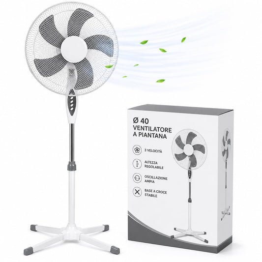 Ventilatore a Piantana Ø 40 cm BIANCO - FACILE MONTAGGIO - 50 W - 3 Velocità - STABILE e SILENZIOSO - Oscillazione Orizzontale - Altezza Regolabile 103-130 cm - Testa Inclinabile - Base a Croce