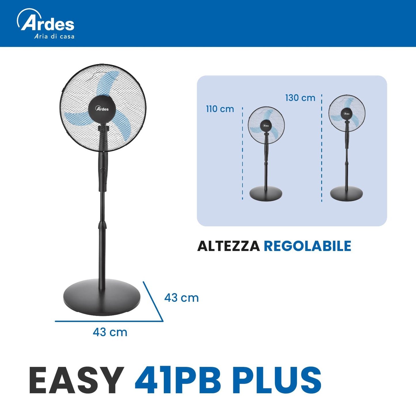 Ardes EASY 41PB PLUS Ventilatore da Pavimento 50W 40 cm con Oscillazione Automatica, Altezza Regolabile fino a 130 cm, Inclinazione Regolabile, 3 Velocità Silenziose e 3 Pale