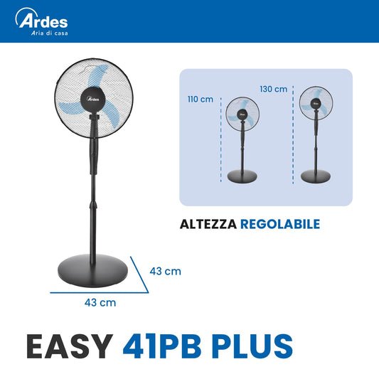 Ardes EASY 41PB PLUS Ventilatore da Pavimento 50W 40 cm con Oscillazione Automatica, Altezza Regolabile fino a 130 cm, Inclinazione Regolabile, 3 Velocità Silenziose e 3 Pale