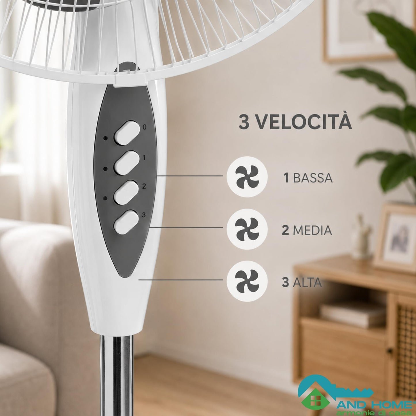 Ventilatore a Piantana Ø 40 cm BIANCO - FACILE MONTAGGIO - 50 W - 3 Velocità - STABILE e SILENZIOSO - Oscillazione Orizzontale - Altezza Regolabile 103-130 cm - Testa Inclinabile - Base a Croce