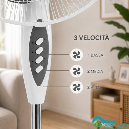 Ventilatore a Piantana Ø 40 cm BIANCO - FACILE MONTAGGIO - 50 W - 3 Velocità - STABILE e SILENZIOSO - Oscillazione Orizzontale - Altezza Regolabile 103-130 cm - Testa Inclinabile - Base a Croce