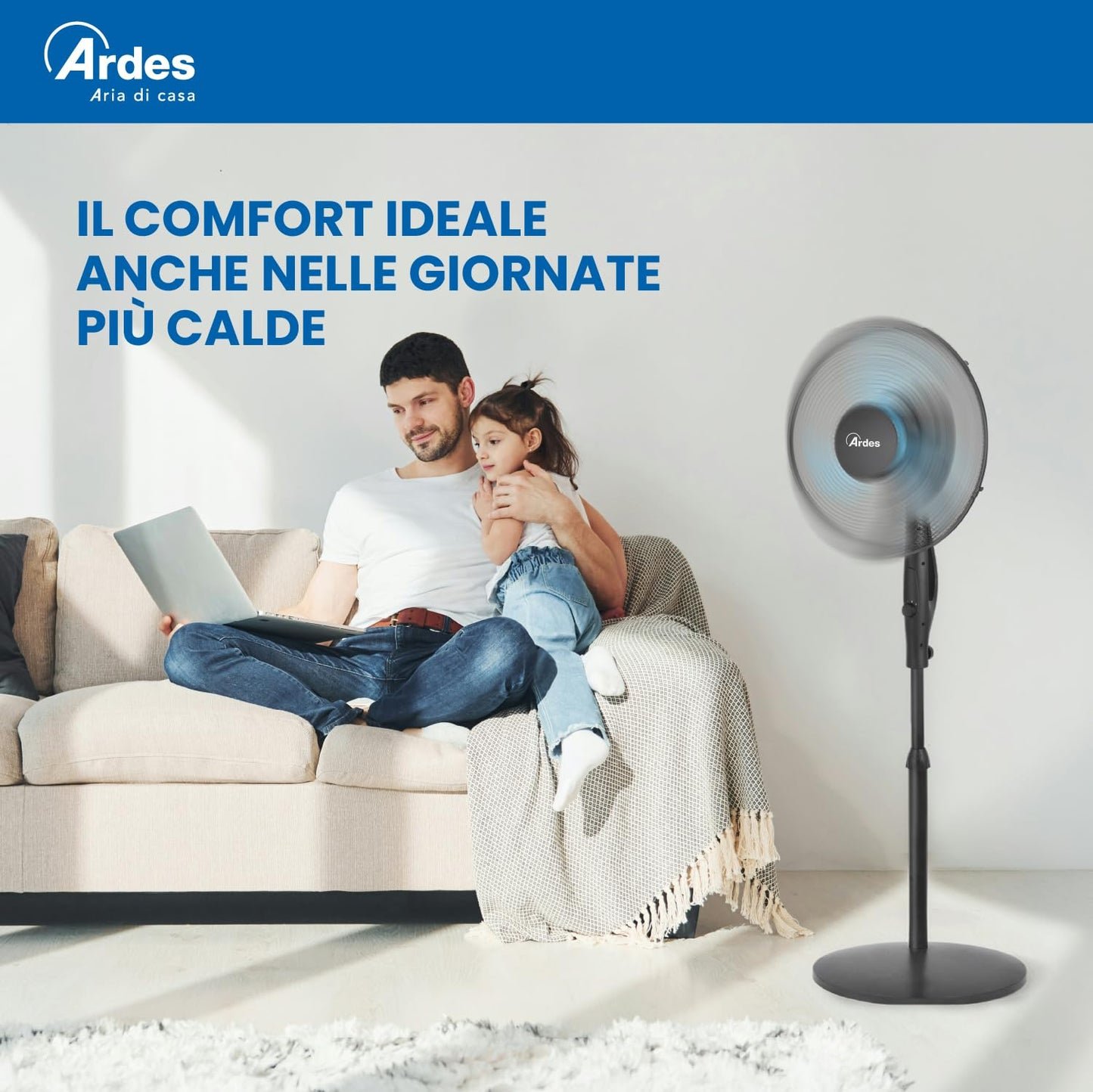 Ardes EASY 41PB PLUS Ventilatore da Pavimento 50W 40 cm con Oscillazione Automatica, Altezza Regolabile fino a 130 cm, Inclinazione Regolabile, 3 Velocità Silenziose e 3 Pale
