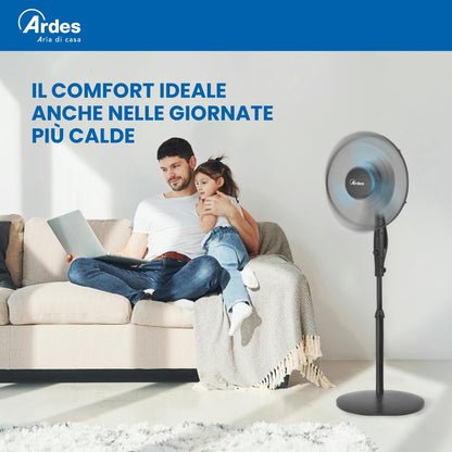 Ardes EASY 41PB PLUS Ventilatore da Pavimento 50W 40 cm con Oscillazione Automatica, Altezza Regolabile fino a 130 cm, Inclinazione Regolabile, 3 Velocità Silenziose e 3 Pale
