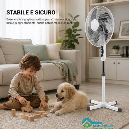 Ventilatore a Piantana Ø 40 cm BIANCO - FACILE MONTAGGIO - 50 W - 3 Velocità - STABILE e SILENZIOSO - Oscillazione Orizzontale - Altezza Regolabile 103-130 cm - Testa Inclinabile - Base a Croce